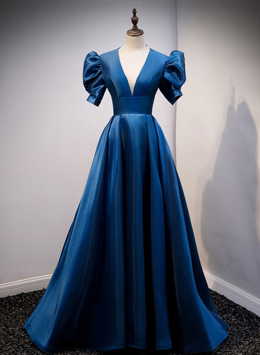 Dark Satin V-neckline Short Sleeves Party Dress, Blue A-line Evening Dress
