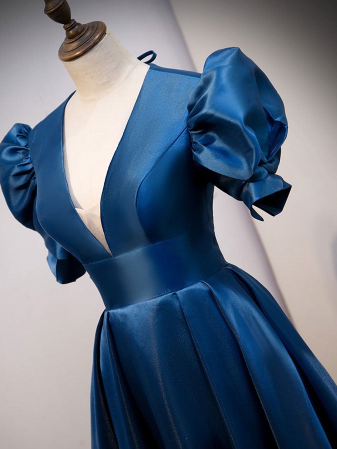 Dark Satin V-neckline Short Sleeves Party Dress, Blue A-line Evening Dress