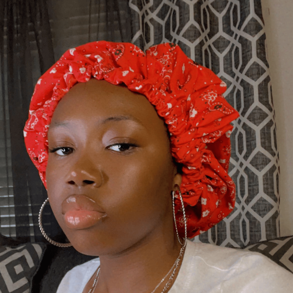 Image of RED BANDANA BONNET WITH SATIN INSIDE