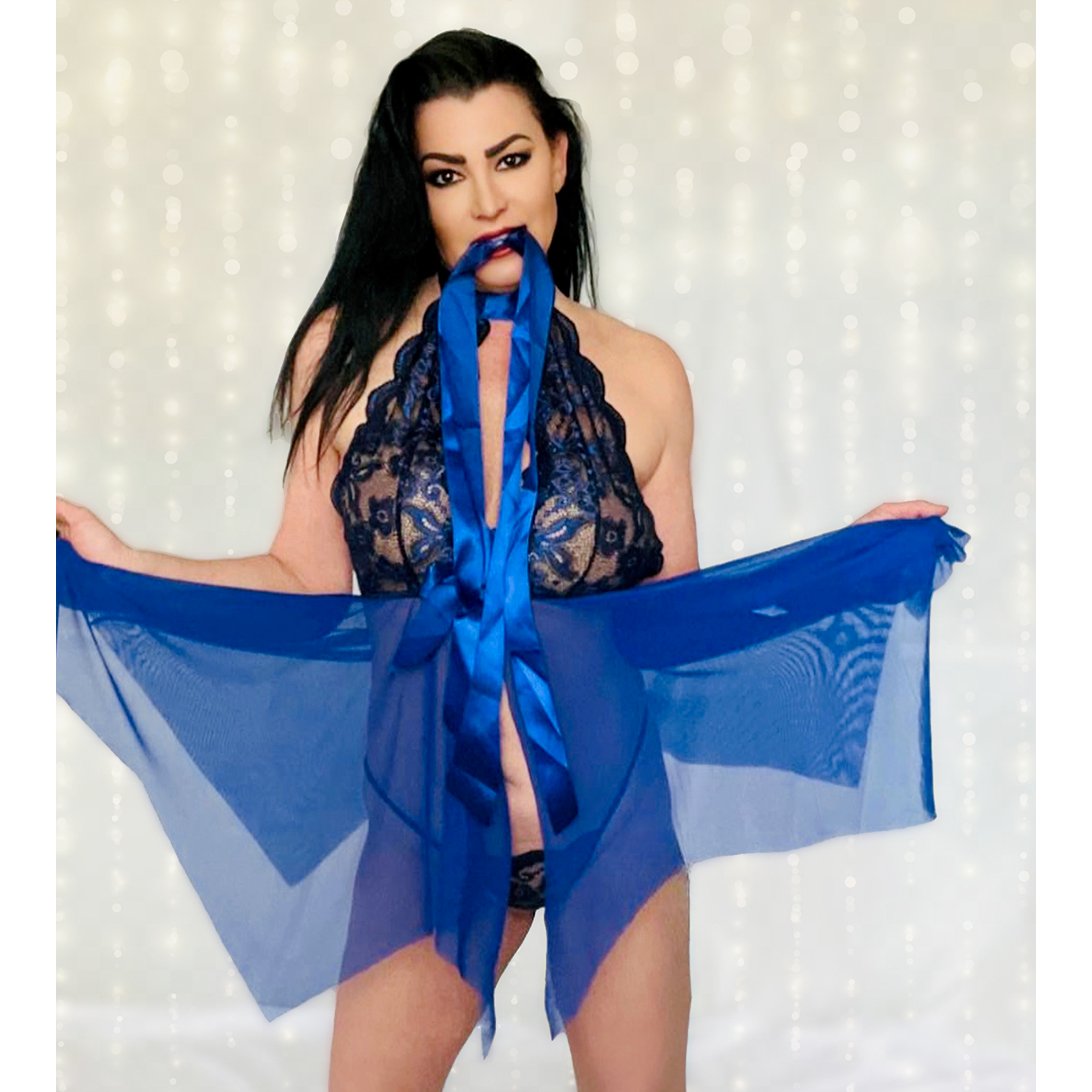 Worn Sexy Blue Lace Halter Babydoll Lingerie + Free Signed 8x10 & Kiss Card | Lisa Marie Varon Worn Sexy Blue Lace Halter Babydoll Lingerie + Free Signed 8x10 & Kiss Card | Lisa Marie Varon