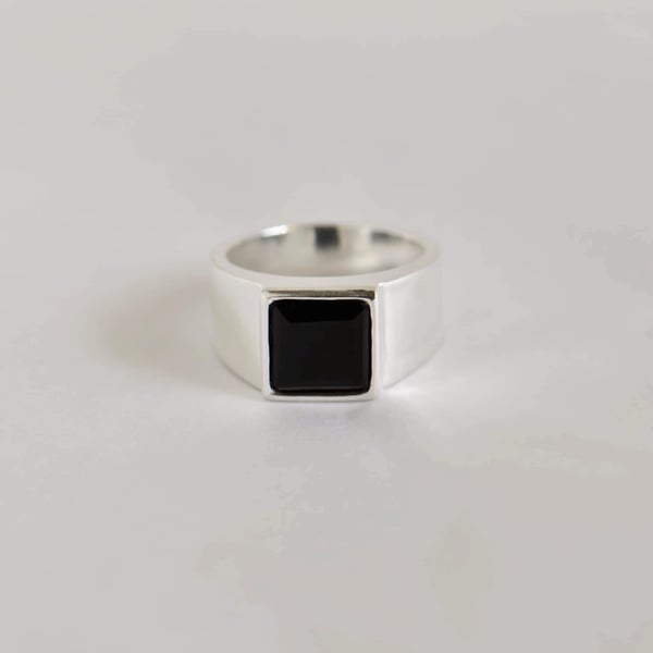 Image of Black Agate square cut wide band silver ring no.2