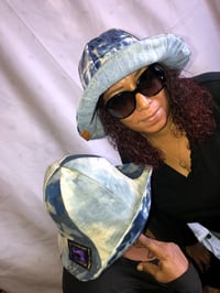 Image 1 of H.O.D. Blue Treated Velvet And Denim Panel Wide Brim Sun Hat   