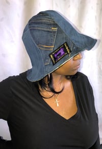 Image 3 of H.O.D. Multi Color Silky Material And Denim Panelled Wide Brim Sun Hat  