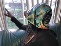 Image 1 of Painted Leather And Printed Linen Wide Brim Sun Hat 