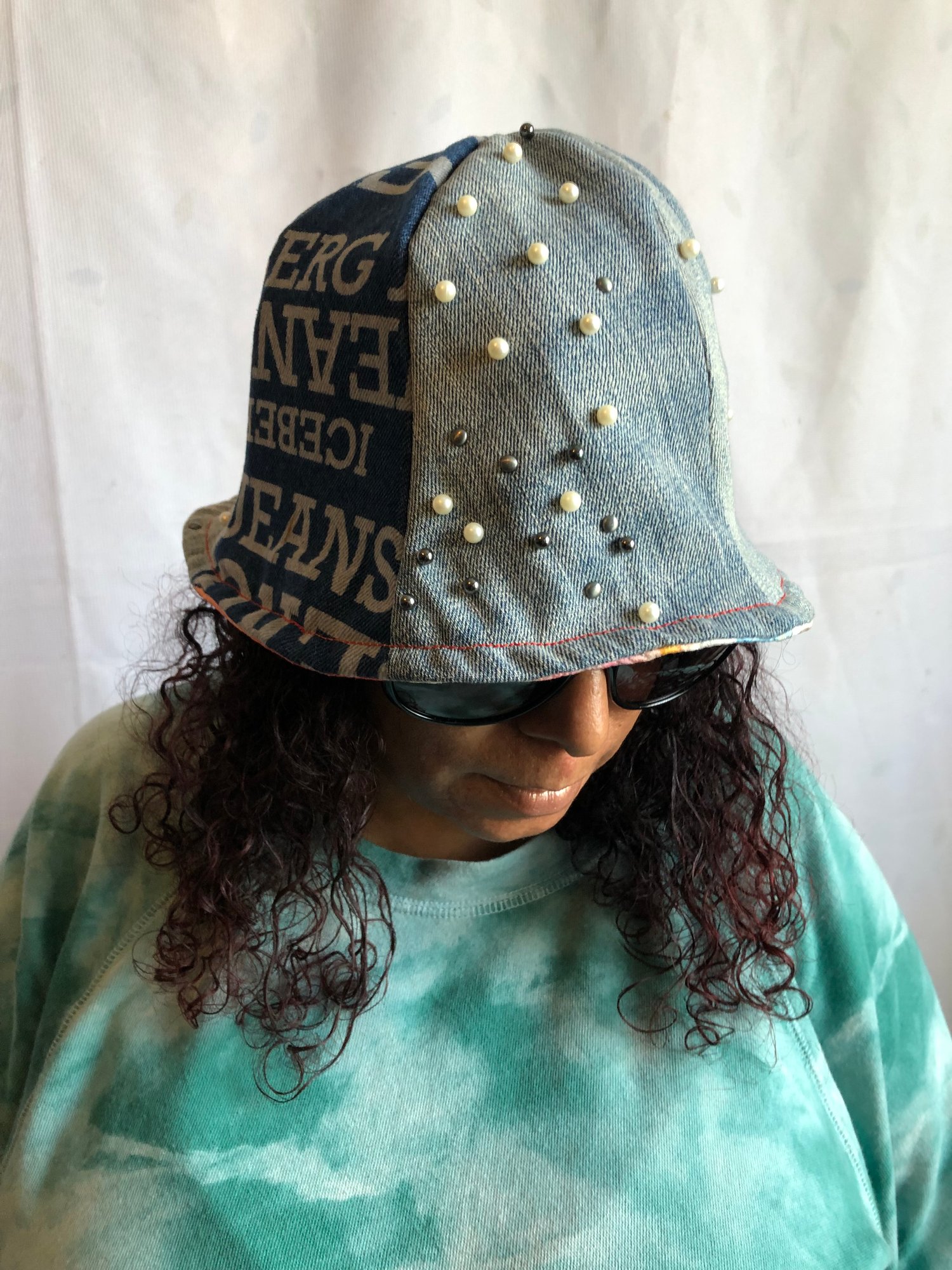H.O.D. Reversible Bucket Hat Multi Color Fabric W/ Denim & Pearls Accent  Detail
