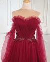 Wine Red Off Shoulder Long Sleeves Formal Dress, Wine Red Wedding Party Dress