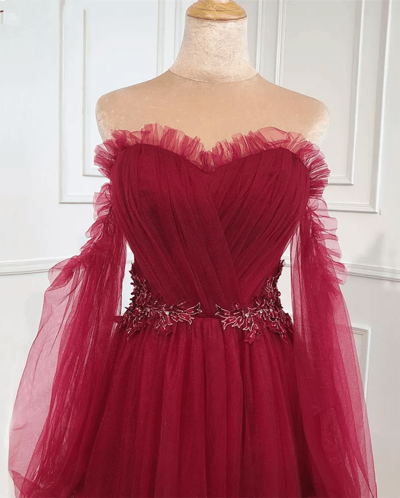 Wine Red Off Shoulder Long Sleeves Formal Dress, Wine Red Wedding Party Dress