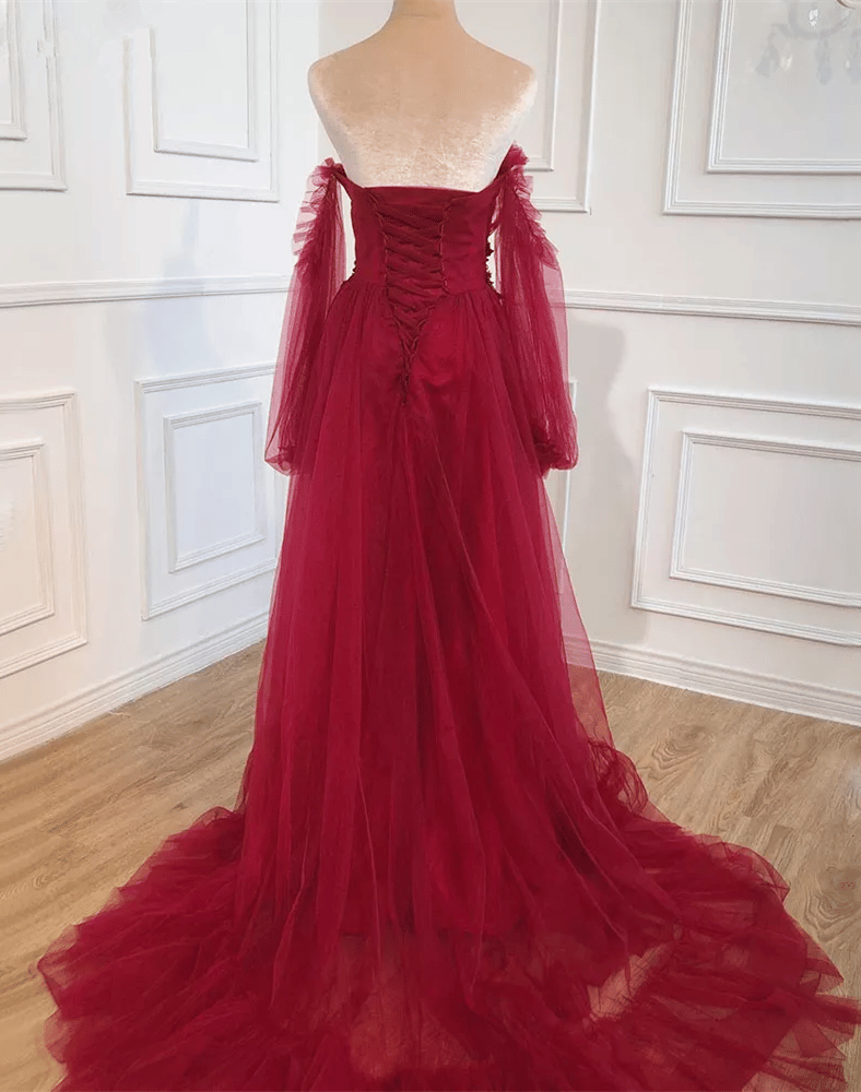 Wine Red Off Shoulder Long Sleeves Formal Dress, Wine Red Wedding Party Dress