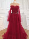 Wine Red Off Shoulder Long Sleeves Formal Dress, Wine Red Wedding Party Dress