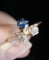 Edwardian 18ct 18k Natural old cut diamond and sapphire trefoil clover ring