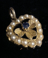 Image 1 of Victorian 9ct / 15ct yellow sapphire heart seed pearl clover pendant