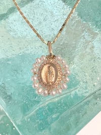 Image 2 of 14k solid gold diamond & pearl Virgin Mary pendant 