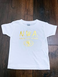Image 1 of TODDLER & YOUTH N.W.A. WHITE T-SHIRT, METALLIC GOLD LETTERS