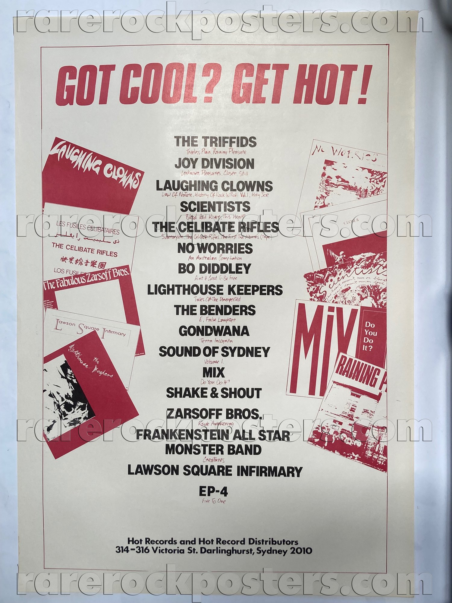 GOT COOL? GET HOT! ~ MID 80'S HOT RECORD DISTRIBUTION AUST RECORD STORE PROMO POSTER 