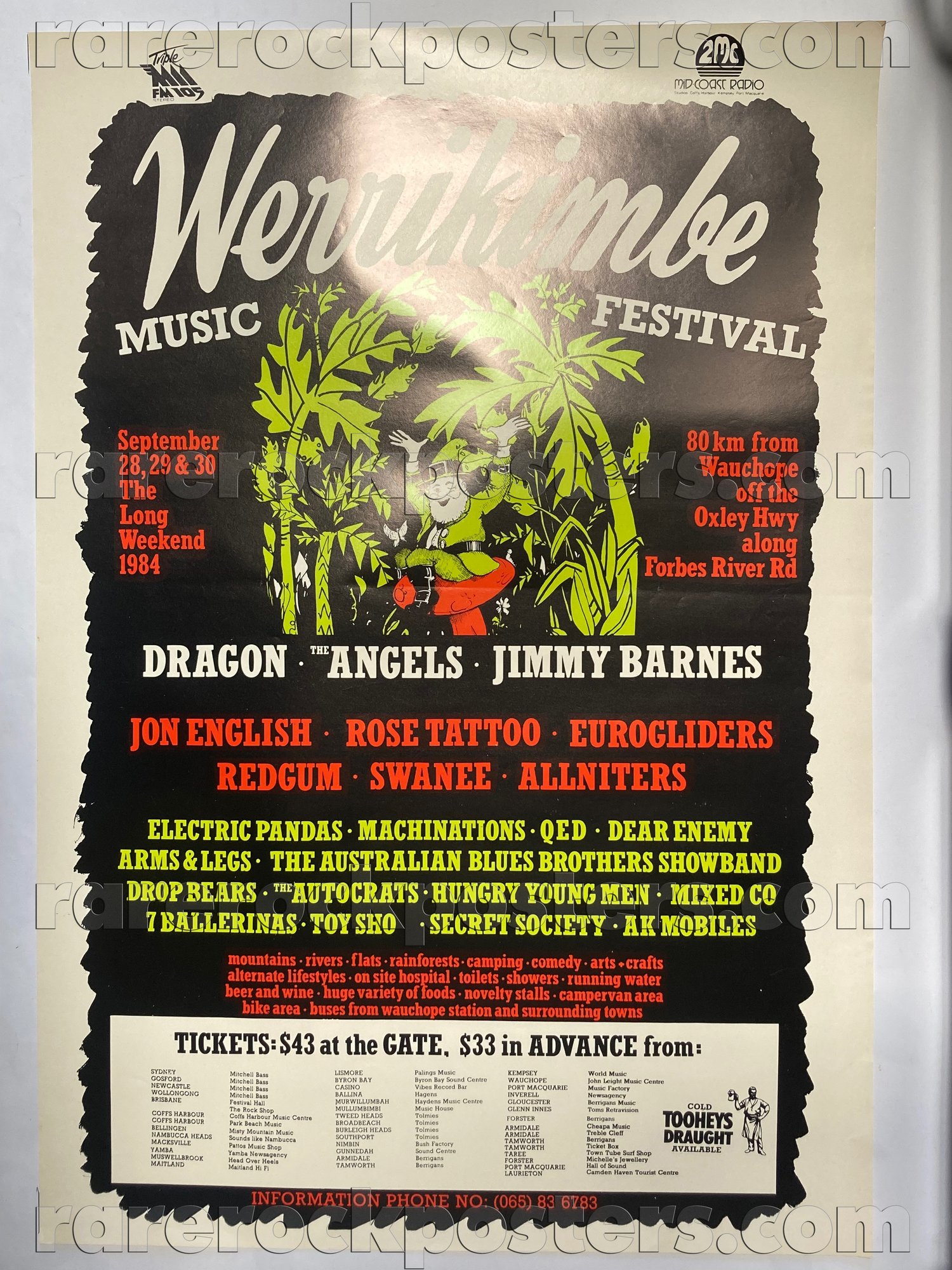 WERRIKIMBE FESTIVAL ~ DRAGON / ANGELS / JIMMY BARNES / ROSE TATTOO ~ ORIG 1984 AUST GIG POSTER ~ 1st