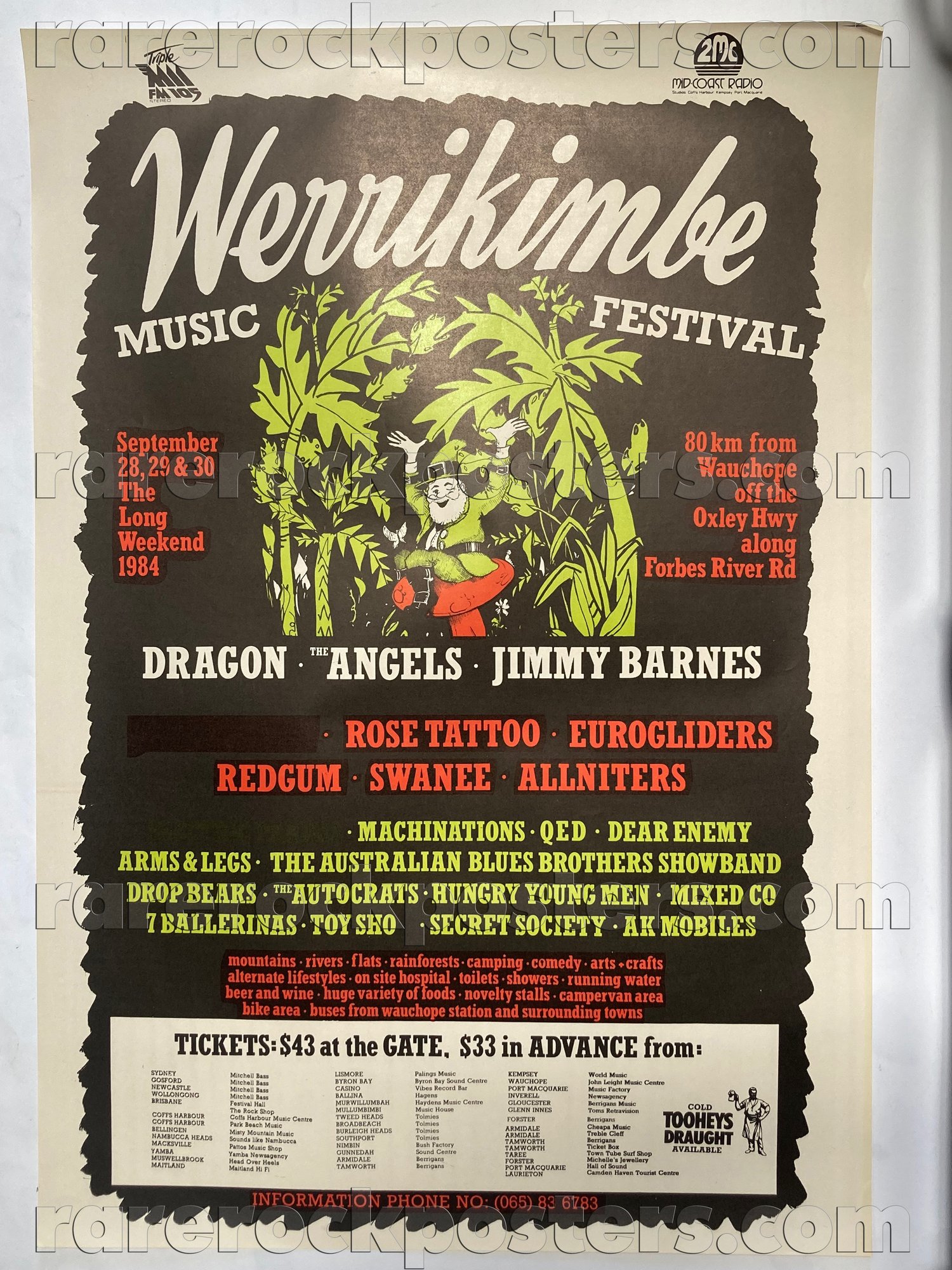 WERRIKIMBE FESTIVAL ~ DRAGON / ANGELS / JIMMY BARNES / ROSE TATTOO ~ ORIG 1984 AUST GIG POSTER ~ 2nd