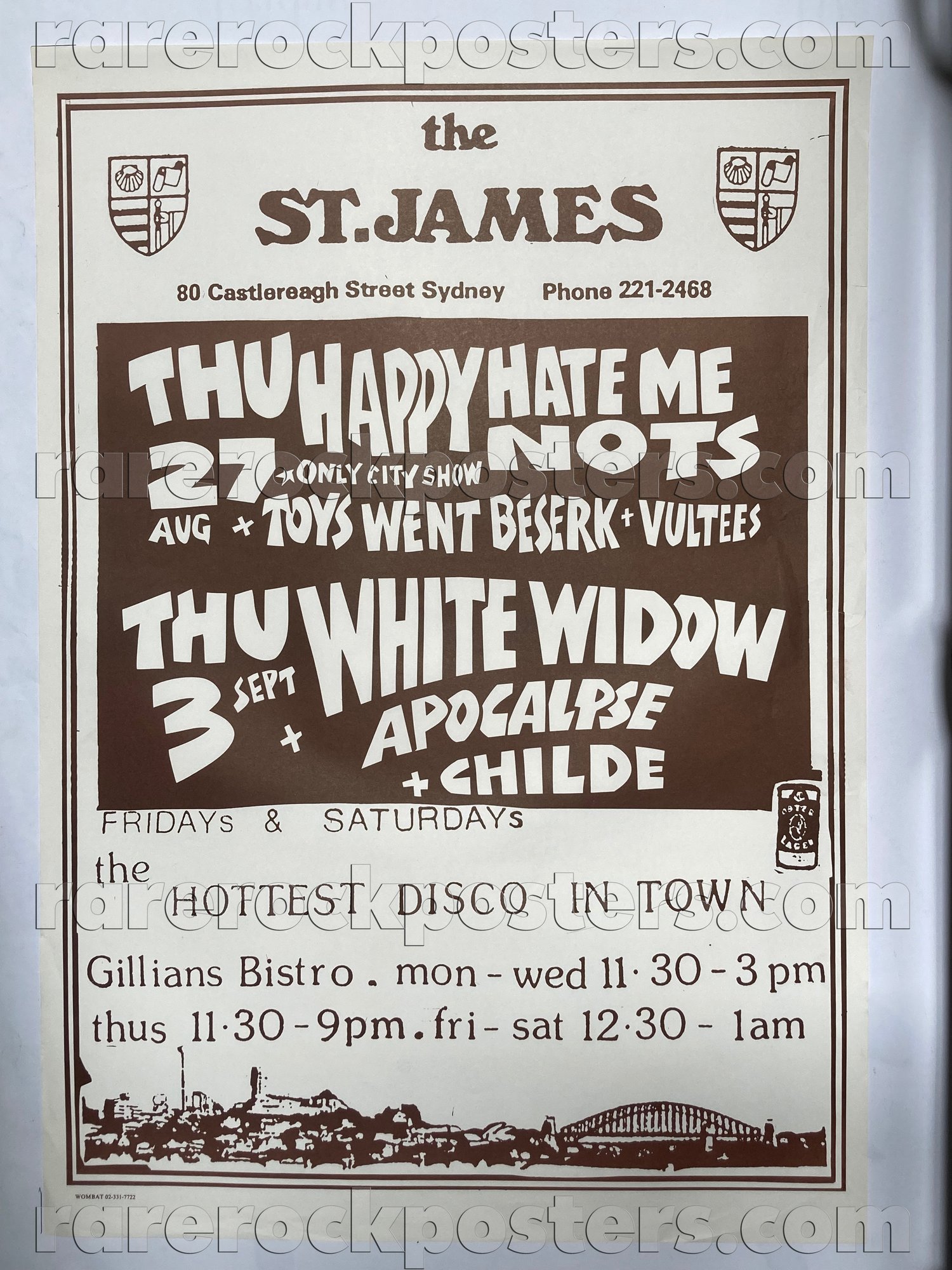 HAPPY HATE ME NOTS / TOYS WENT BESERK / VULTEES / WHITE WIDOW ~ ORIG 1987 AUST GIG POSTER ~ ST JAMES