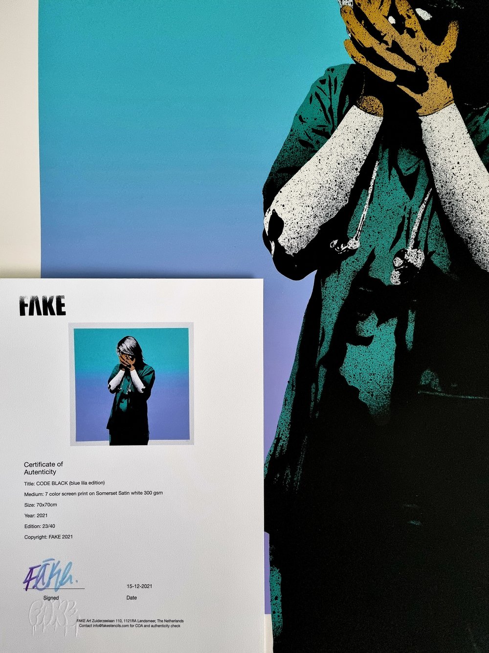 FAKE "CODE BLACK" BLUE LILA VARIANT - 7 COLOUR SCREENPRINT - LTD ED 40 - 70CM X 70CM