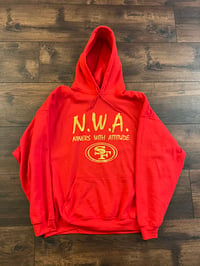 Image 1 of N.W.A. RED HOODIE, METALLIC GOLD LETTERS