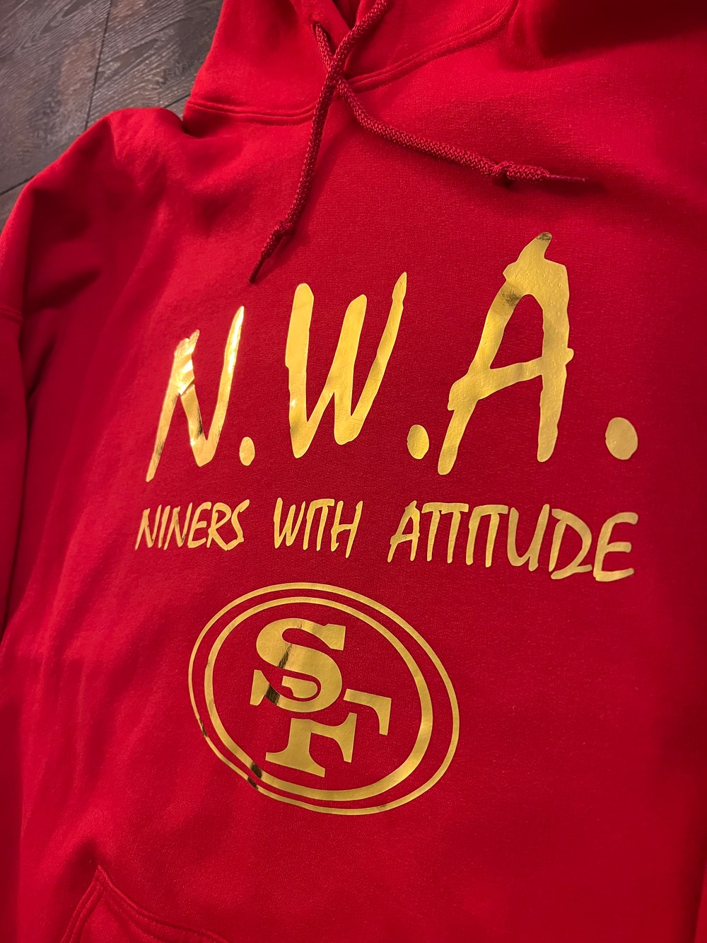 N.W.A. RED HOODIE, METALLIC GOLD LETTERS