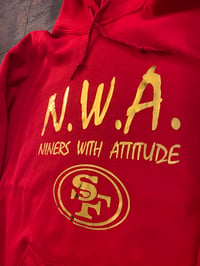 Image 2 of N.W.A. RED HOODIE, METALLIC GOLD LETTERS