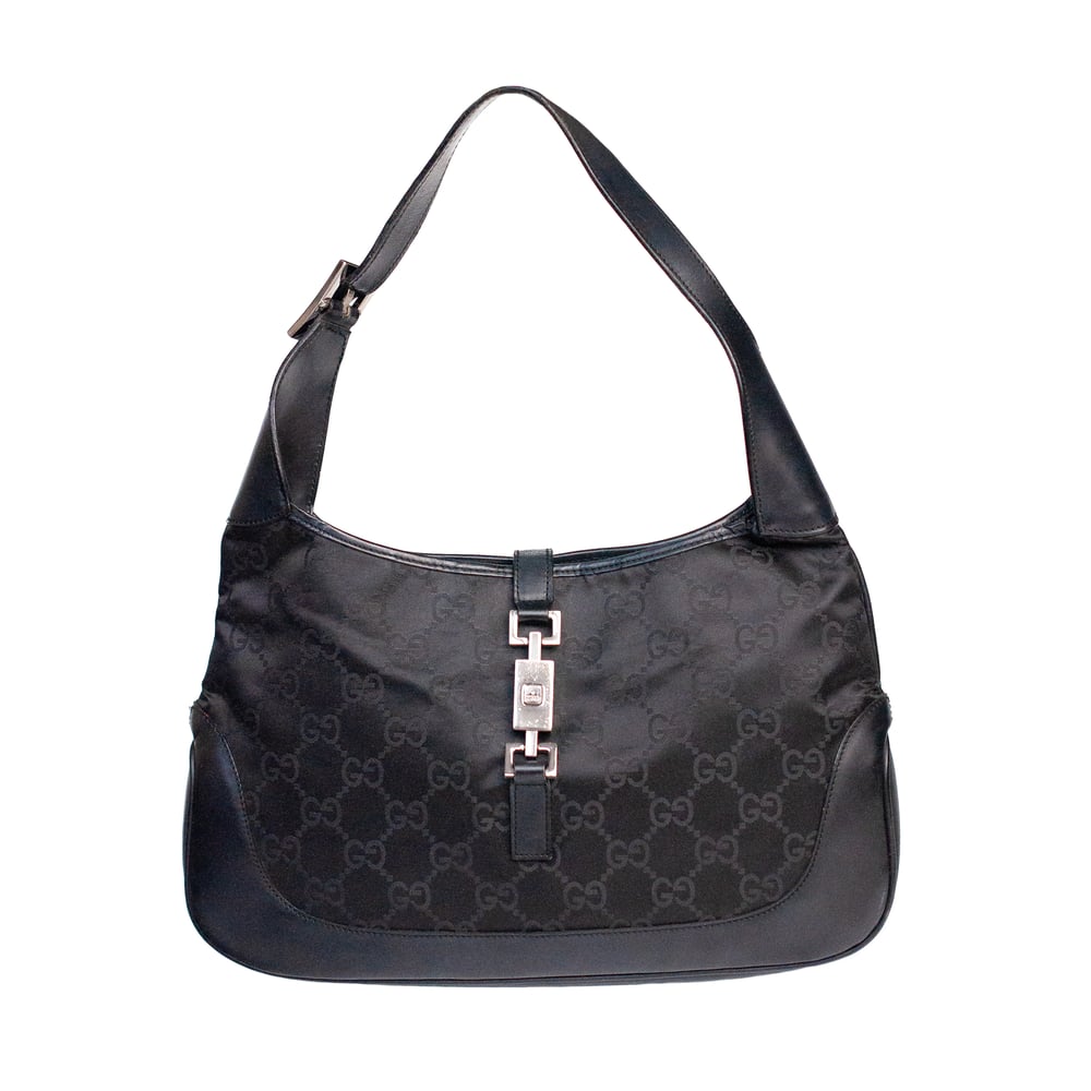 Image of Gucci by Tom Ford Jackie Black Monogram Satin Shoulder Bag