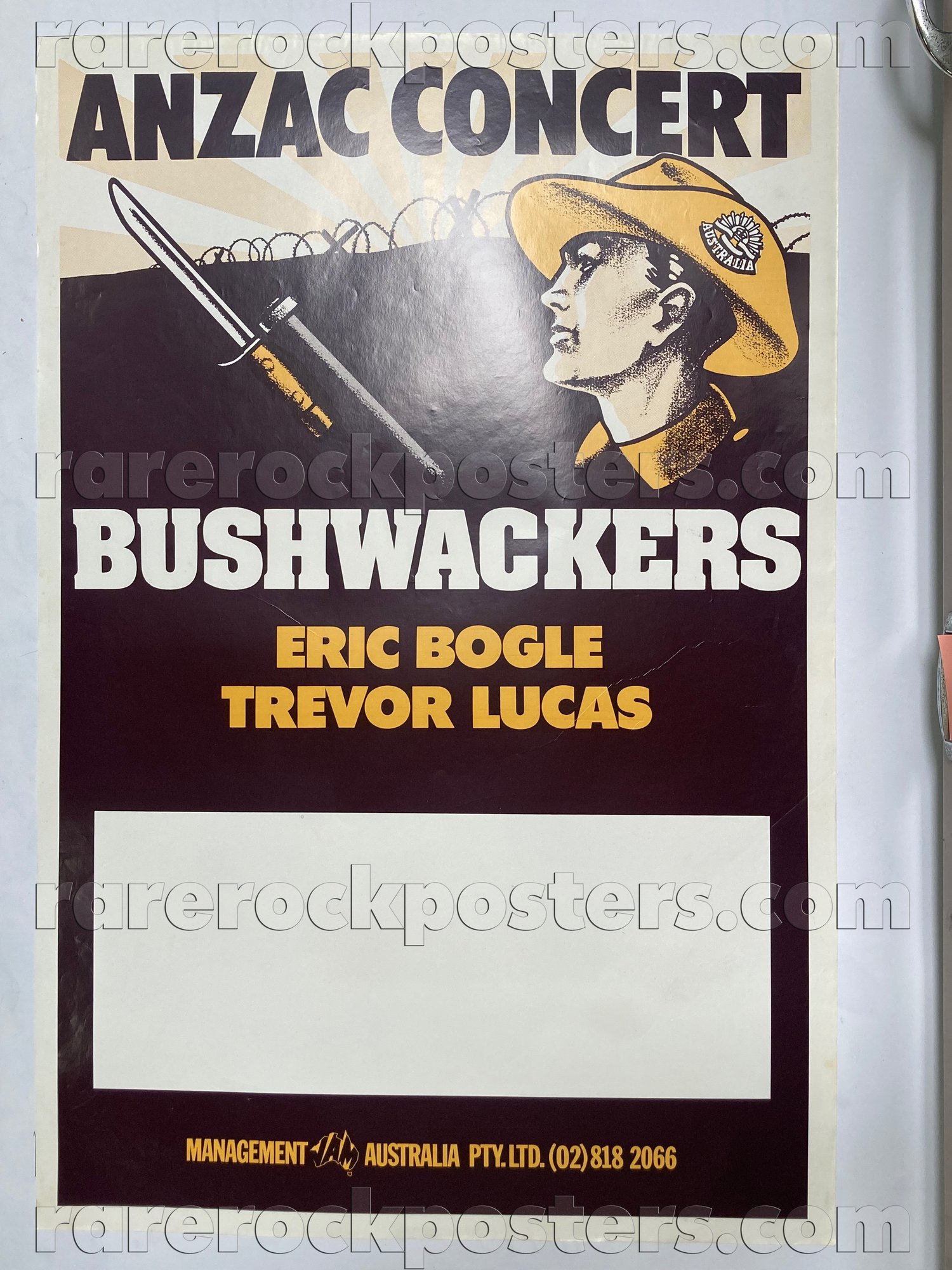 BUSHWACKERS / ERIC BOGLE / TREVOR LUCAS ~ ANZAC CONCERT ~ ORIG EARLY 1980'S AUSTRALIAN GIG POSTER 