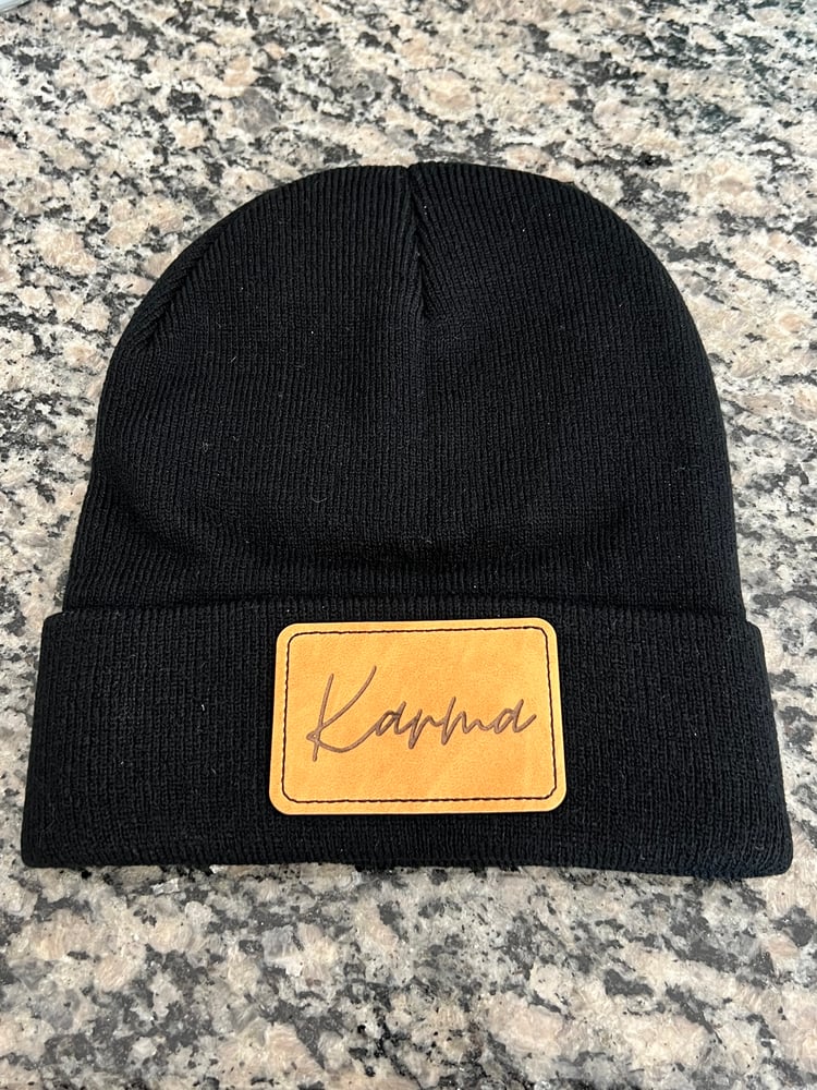 Image of Personalized Engraved Leather Patch Beanie