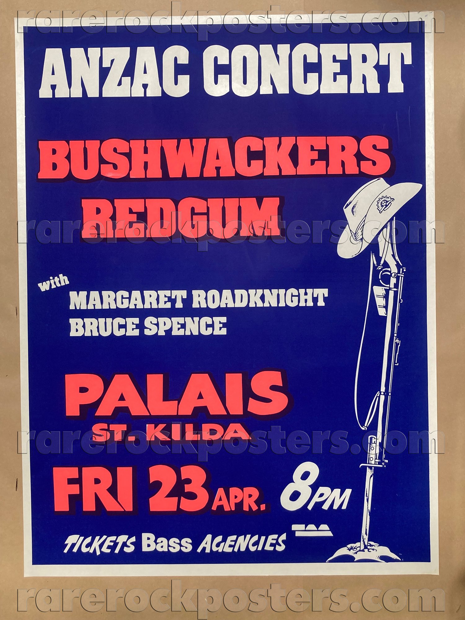 BUSHWACKERS /  REDGUM / MARGARET ROADKNIGHT~ ANZAC CONCERT ~ ORIG 1982 AUST GIG STREET POSTER ~ MELB