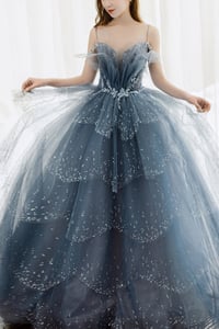 Image 3 of BlueTulle Beaded Long A-Line Prom Dress, Blue Straps Party Dress Formal Dress