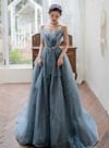 BlueTulle Beaded Long A-Line Prom Dress, Blue Straps Party Dress Formal Dress