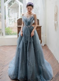 Image 1 of BlueTulle Beaded Long A-Line Prom Dress, Blue Straps Party Dress Formal Dress