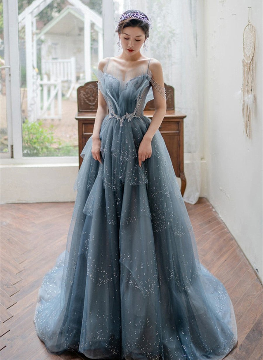 BlueTulle Beaded Long A-Line Prom Dress, Blue Straps Party Dress Formal Dress