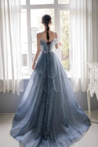 Image 2 of BlueTulle Beaded Long A-Line Prom Dress, Blue Straps Party Dress Formal Dress