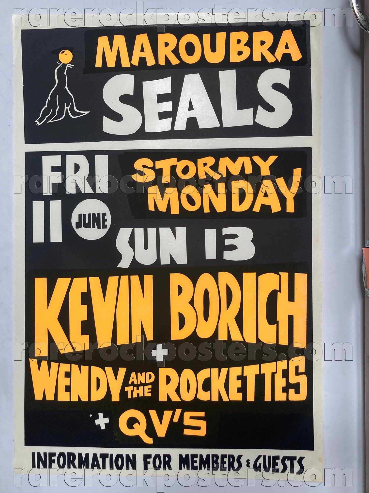 KEVIN BORICH / WENDY & THE ROCKETTES / QV'S ~ ORIGINAL 1982 AUSTRALIAN GIG POSTER ~ MAROUBRA SEALS