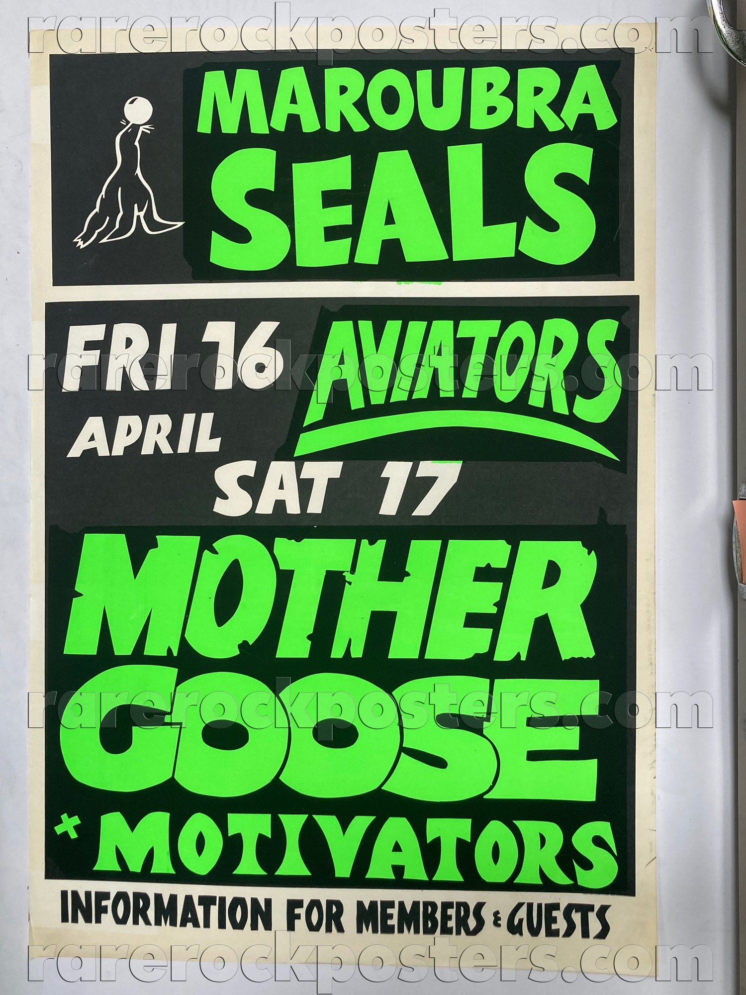 MOTHER GOOSE / MOTIVATORS / AVIATORS ~ ORIGINAL 1982 AUSTRALIAN GIG POSTER ~ MAROUBRA SEALS