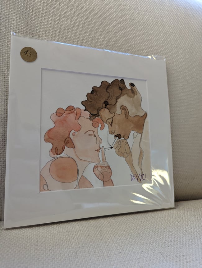Margaret and Helen light a cigarette original watercolor 