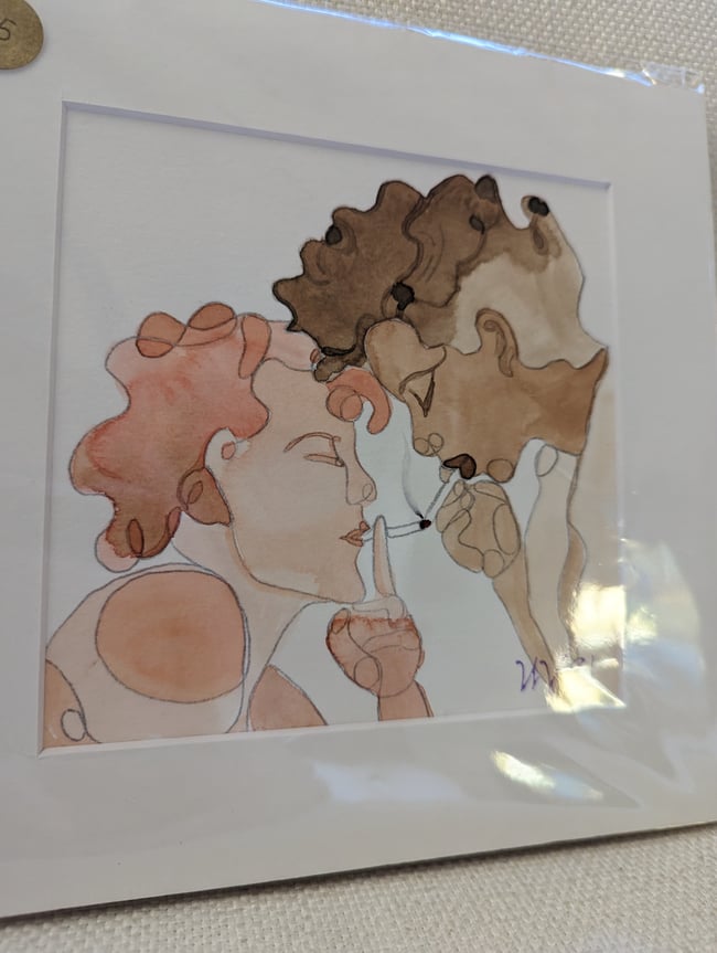 Margaret and Helen light a cigarette original watercolor 