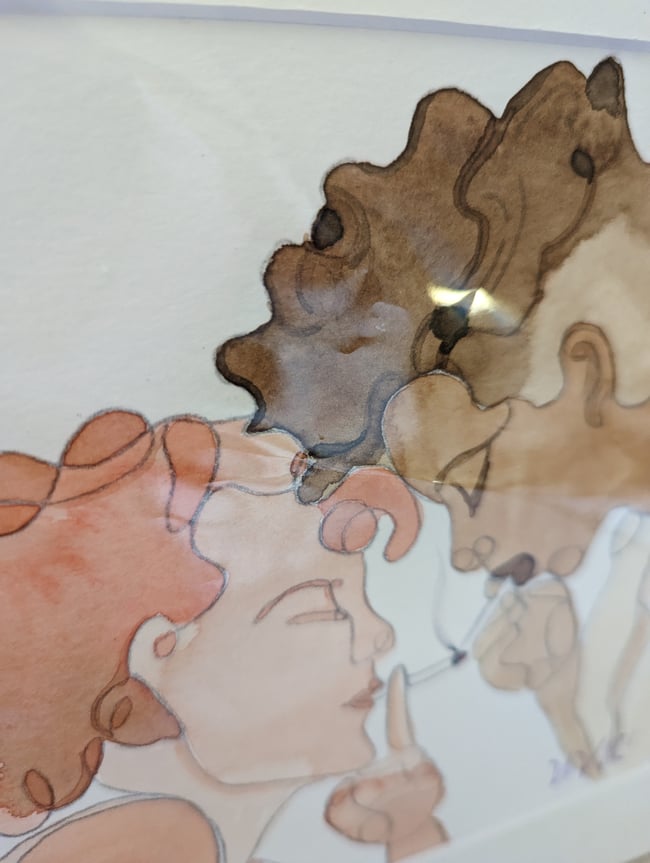 Margaret and Helen light a cigarette original watercolor 
