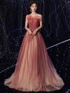 Red Gradient Tulle Beaded A-line Formal Dress, Red Evening Dress Party Dress
