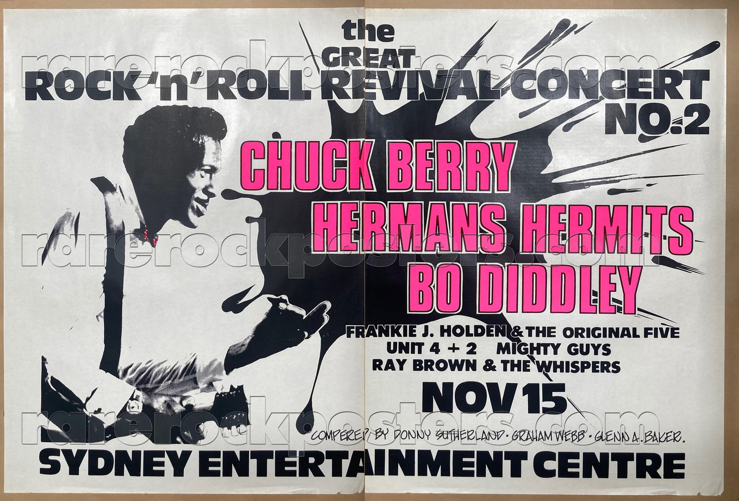 CHUCK BERRY / BO DIDDLEY / HERMANS HERMITS / RAY BROWN ~ ORIG AUST GIG TWO SHEET STREET POSTER ~ SYD