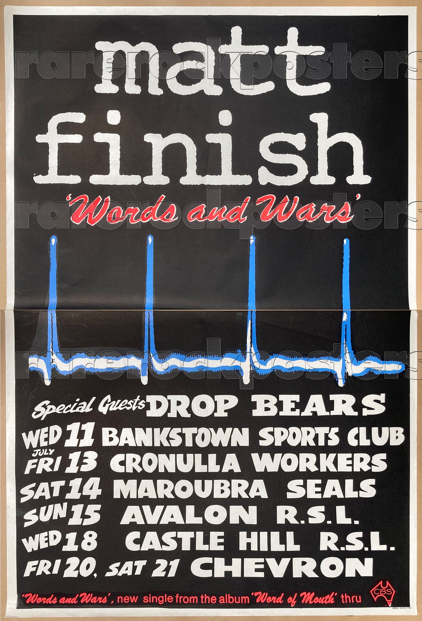 MATT FINISH / DROP BEARS ~ WORDS & WARS ~ ORIG 1984 AUST TOUR TWO SHEET STREET POSTER ~ SYDNEY