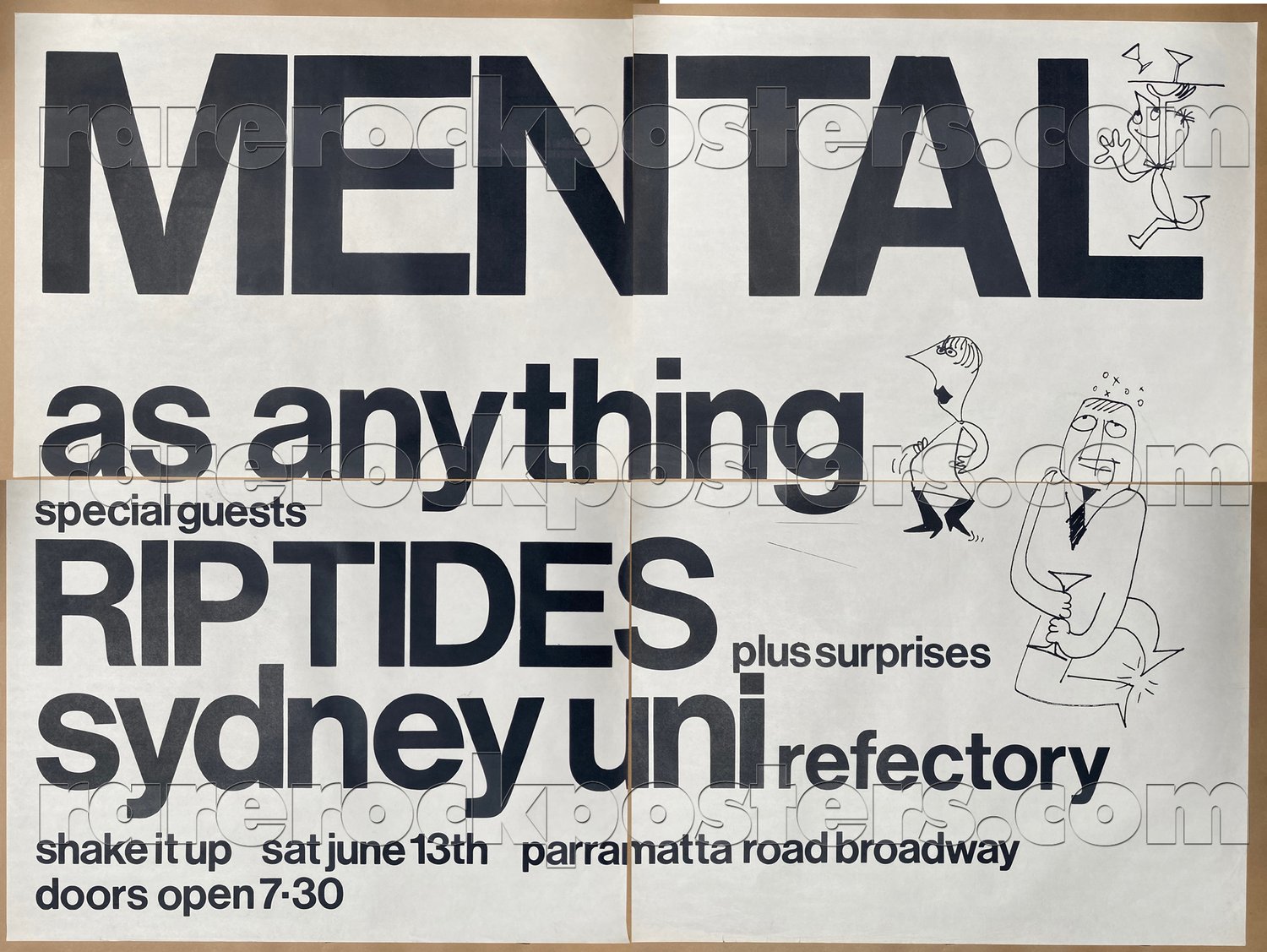 MENTAL AS ANYTHING / RIPTIDES ~ ORIGINAL 1981 AUSTRALIAN GIG FOUR SHEET STREET POSTER ~ SYDNEY UNI