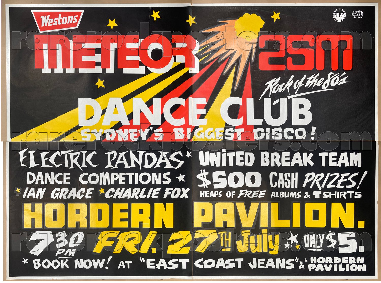 METEOR DANCE CLUB / ELECTRIC PANDAS / UNITED BREAK TEAM~ ORIG 1984 AUST GIG FOUR SHEET STREET POSTER