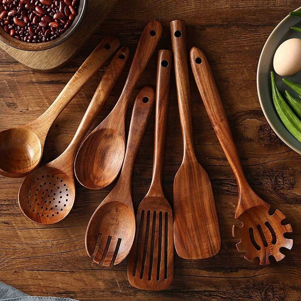 Image of 7 Pack Wooden Kitchen Utensils Set,Wooden Spoons for Cooking Natural Teak Wood Kitchen Spatula Set f