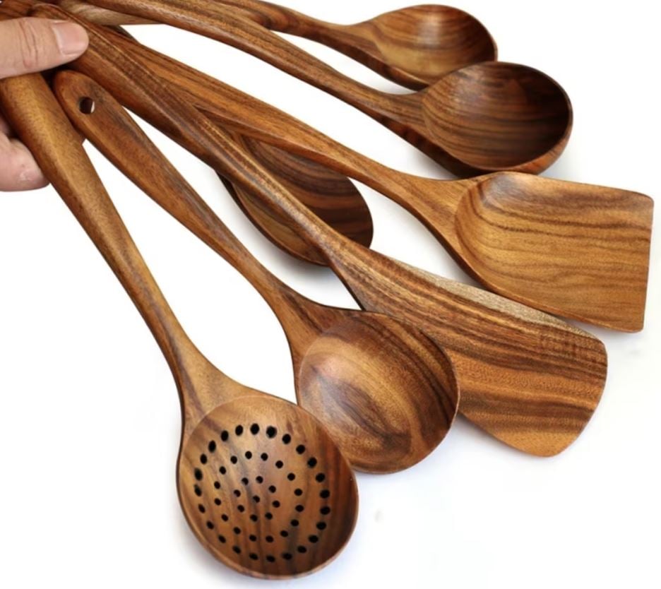 Image of Set of 7 Natural Acacia Wood Tableware Spoon Ladle Turner Long Rice Colander Soup Skimmer Cooking Sp