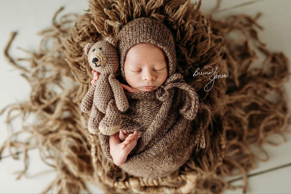 Image of Knitted Baby Hat & Wrap Teddy Bear Toy Set of 3 Items For Newborn Photo Sessions Photography Prop 