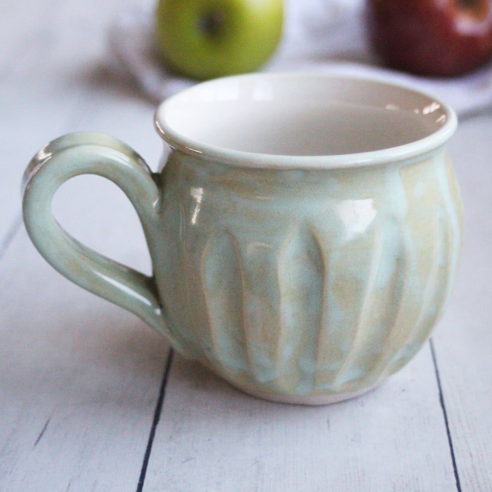 Image of Hand Carved Honey Dew Mellon Green Stoneware Mug, Unique Pottery Mug, Made in USA