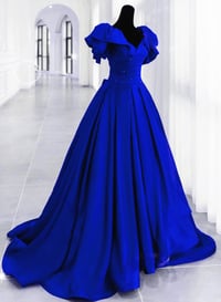 Image 1 of Royal Blue Satin Long Prom Dress with Bow, Lace-up Floor Length Formal Dress