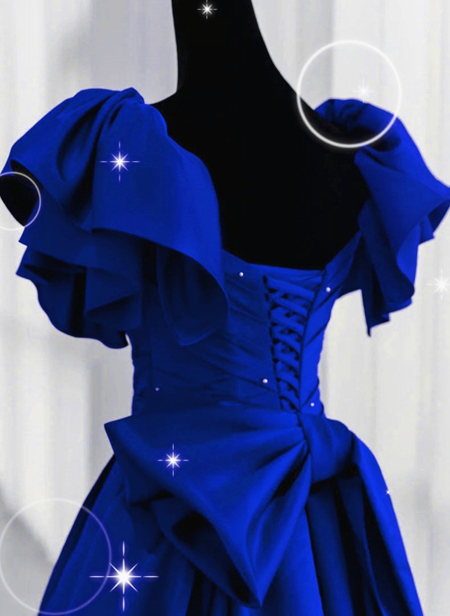 Royal Blue Satin Long Prom Dress with Bow, Lace-up Floor Length Formal Dress